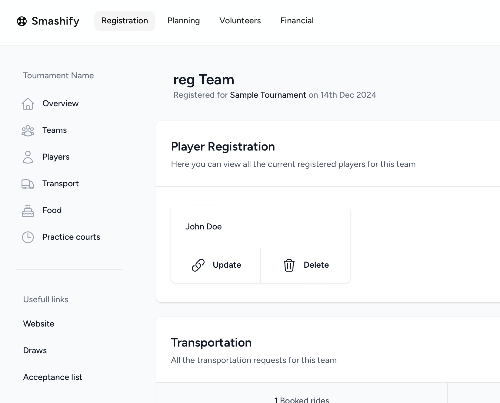 Overview of the smashify team overview page